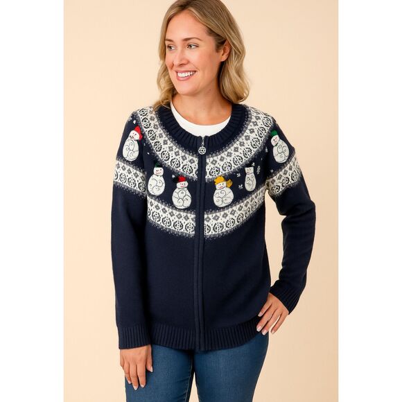 Vintage Christmas Snowman Cardigan Ugly Sweater Embroidered Christopher Banks 1X - Picture 1 of 6